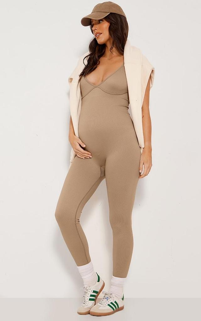 Maternity Pale Khaki Underbust Detail Snatched Rib Jumpsuit Product Image