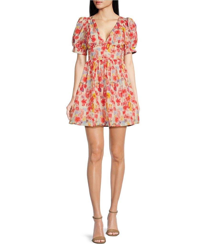 En Saison Giada Floral Print V Neck Short Puff Sleeve Mini Dress Product Image