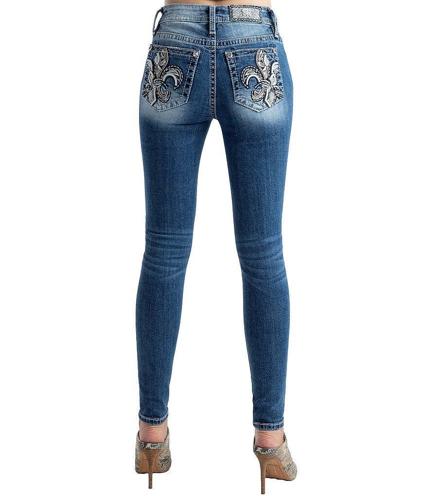 Miss Me Fleur De Lis Embroidered Mid Rise Skinny Jeans Product Image