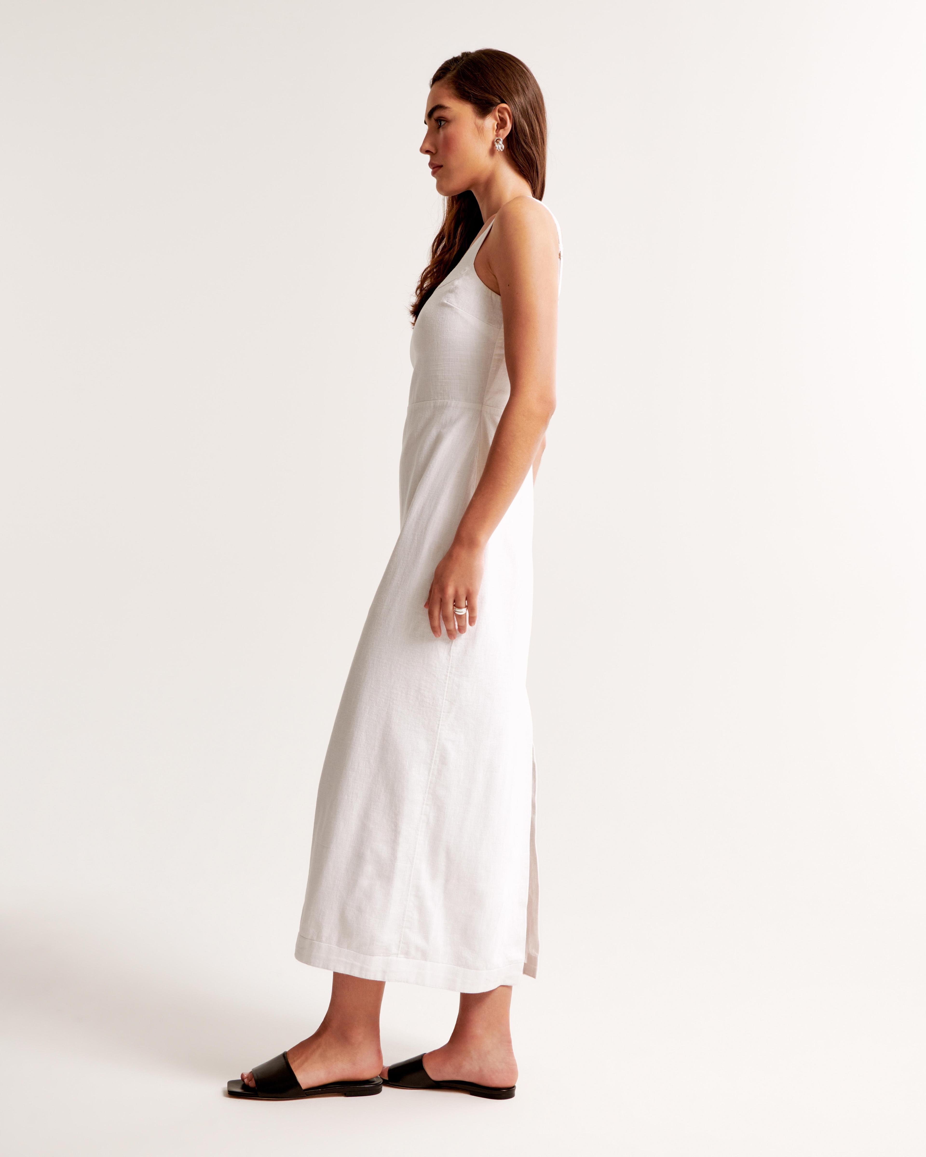 Linen-Blend Squareneck Column Midi Dress Product Image