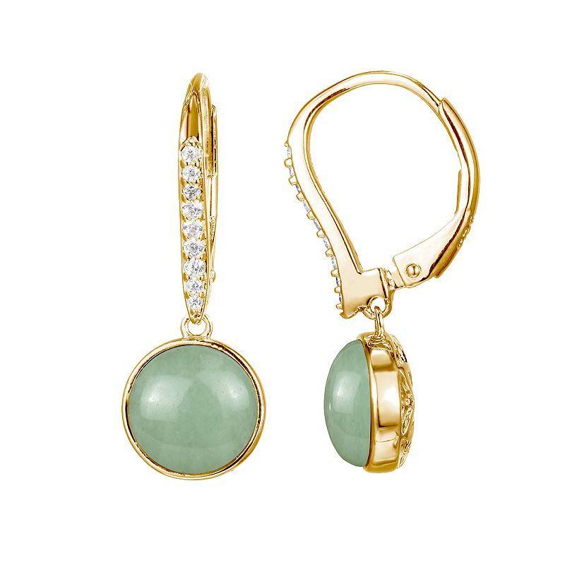 Dynasty Jade 18k Gold Over Sterling Silver Green Jade & Cubic Zirconia Leverback Drop Earrings, Womens Product Image