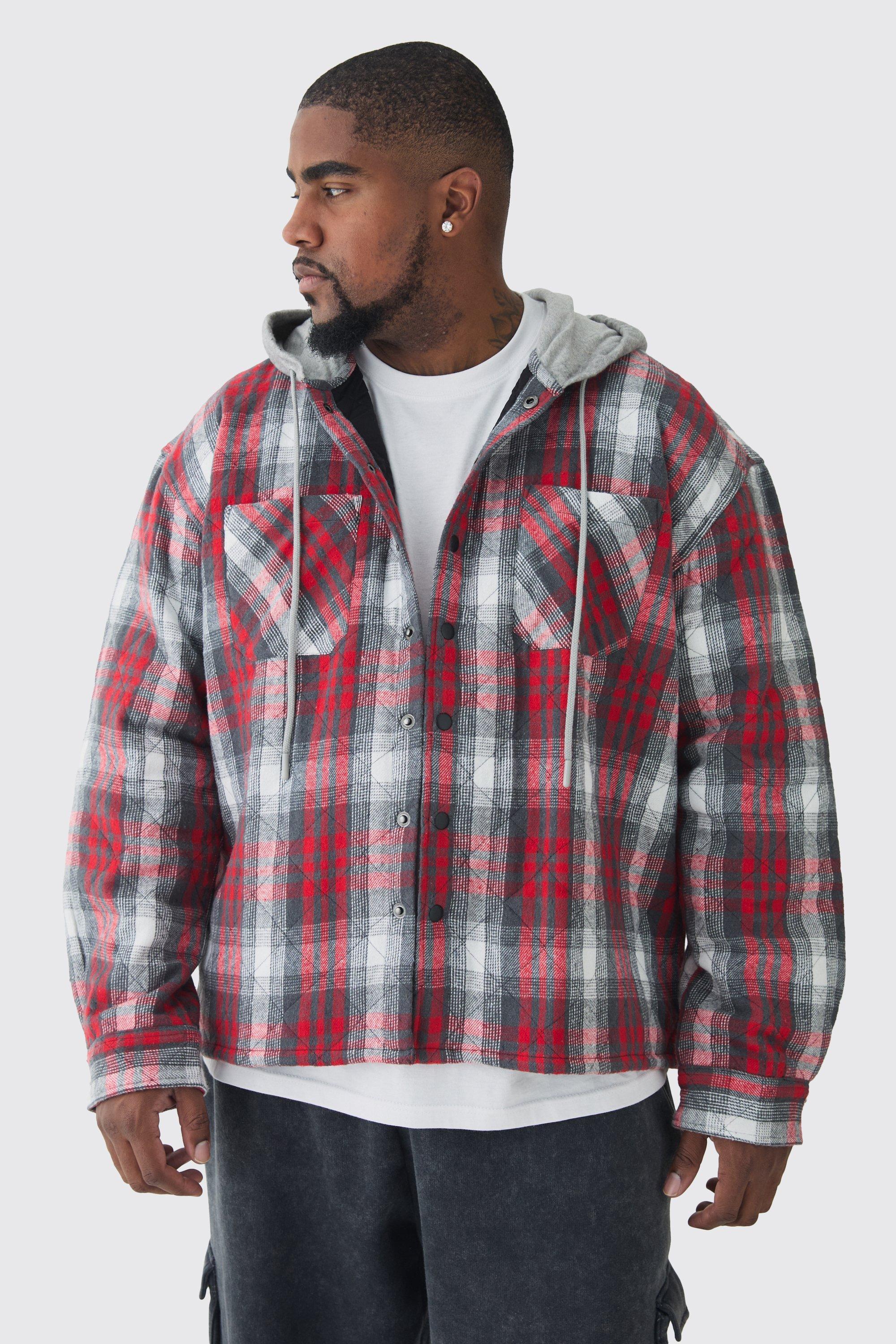 Plus Back Print Jersey Hood Padded Plaid Overshirt | boohooMAN USA Product Image