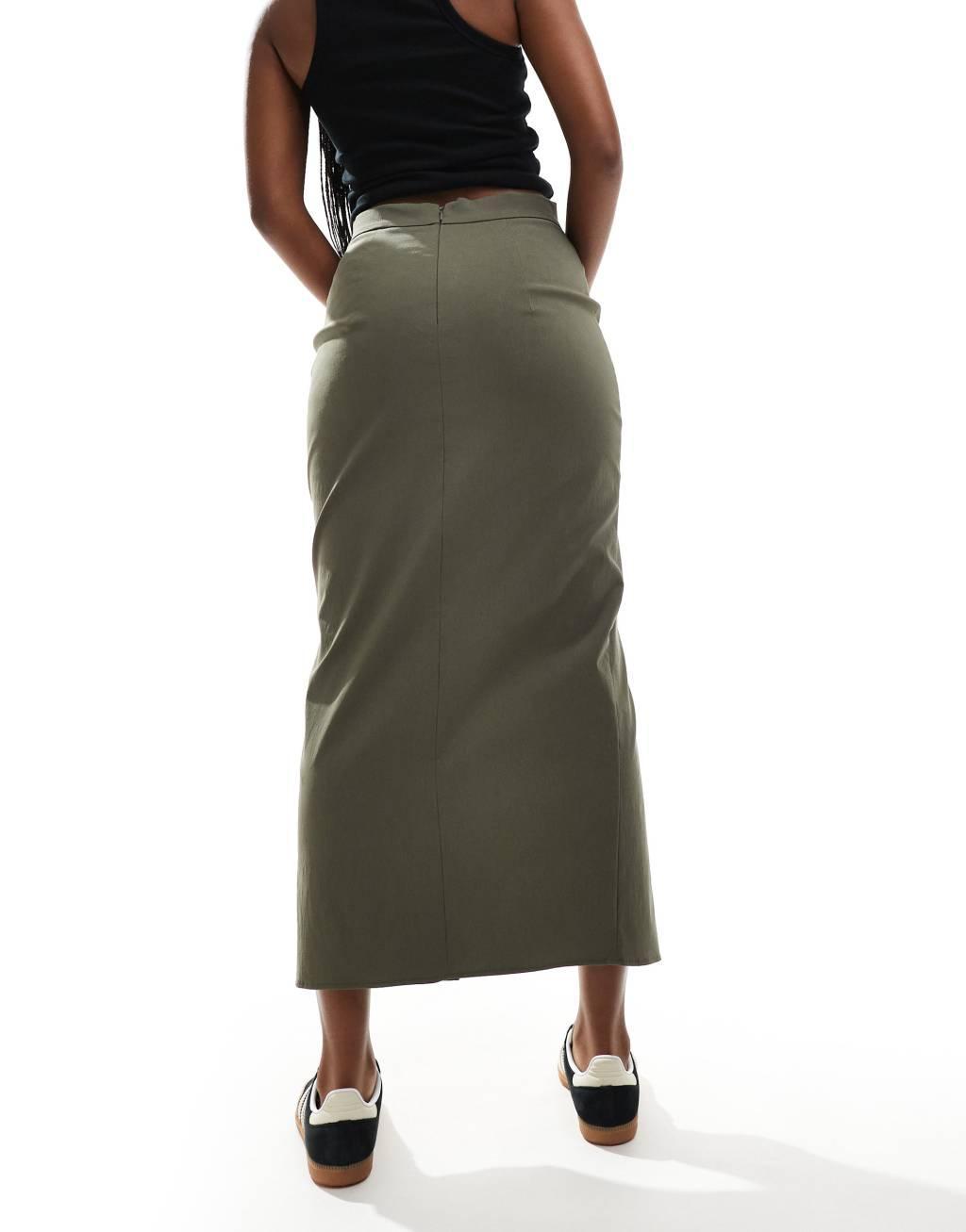 ASOS DESIGN midi skirt with front split in khaki Product Image