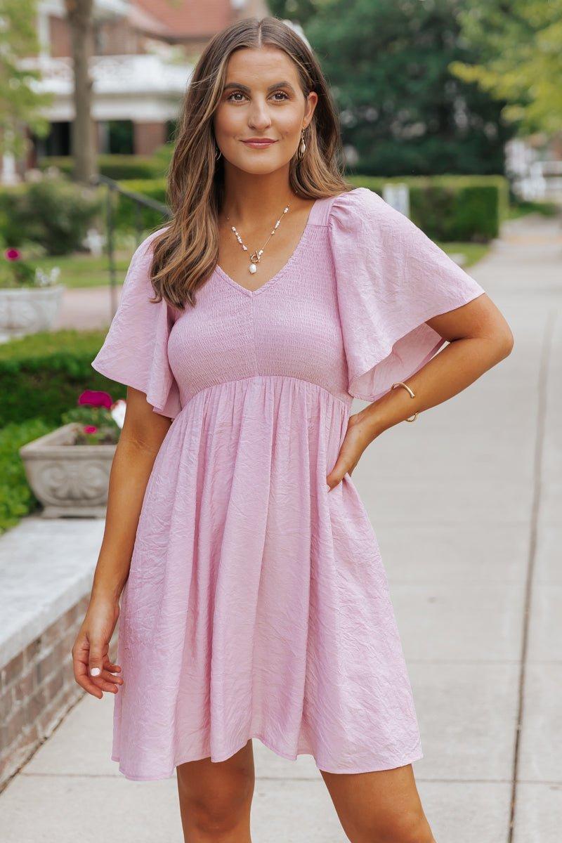 Pink Short Sleeve Smocked Mini Dress - FINAL SALE Product Image