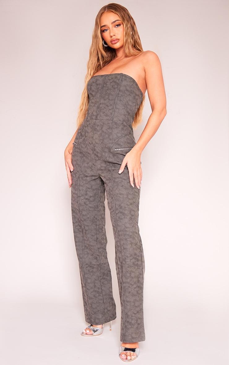 Charcoal Faux Leather Zip Detail Wide Leg Jumpsuit Product Image