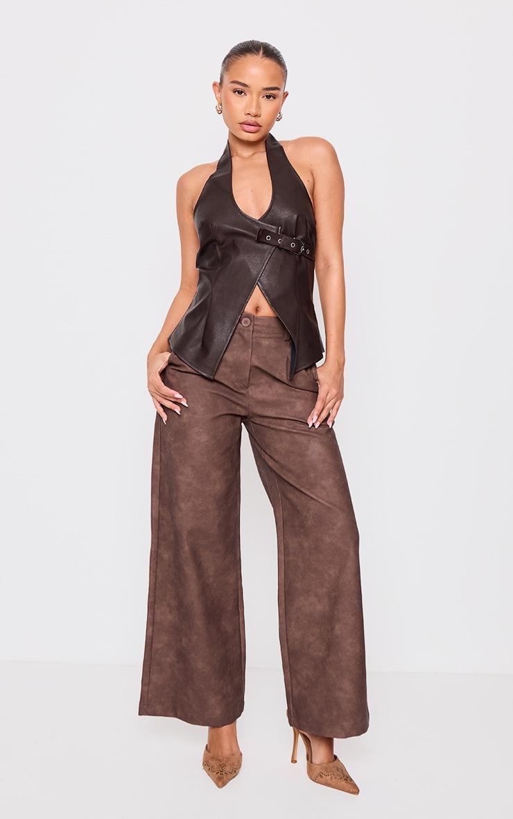 Petite Chocolate Faux Leather Buckle Detail Long Top Product Image