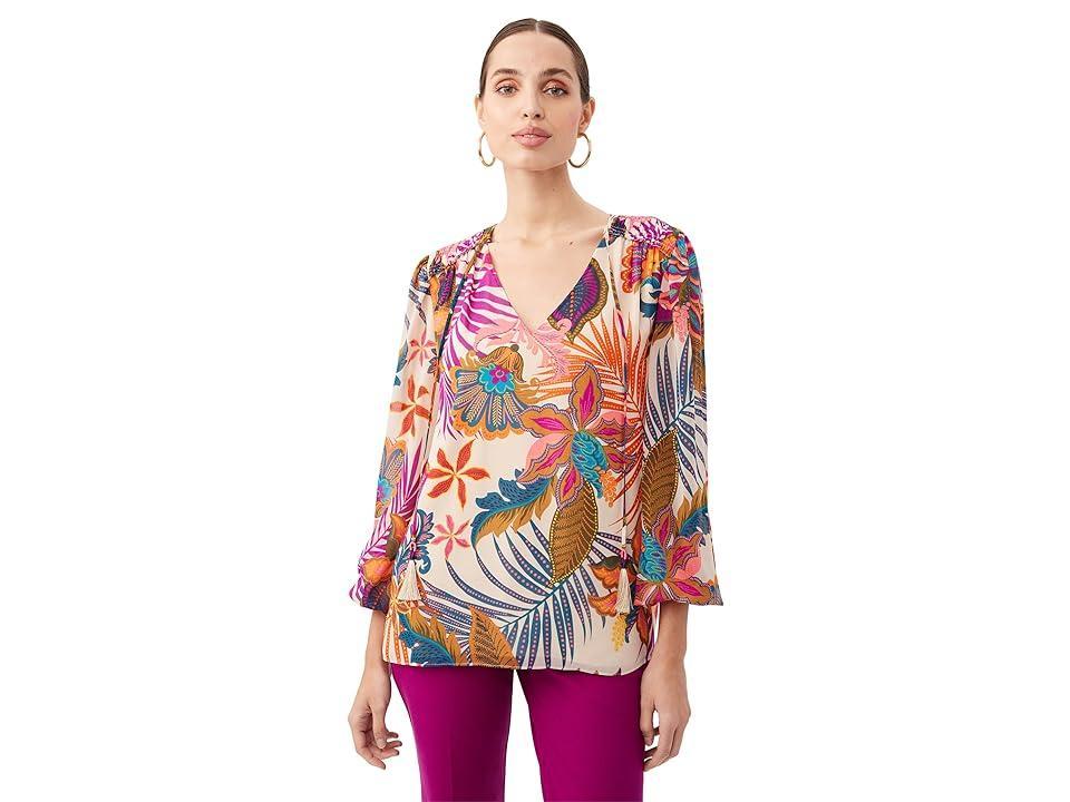 Trina Turk Watson Georgette Tropical Print Tassel Tie V-Neck Long Sleeve Top Product Image