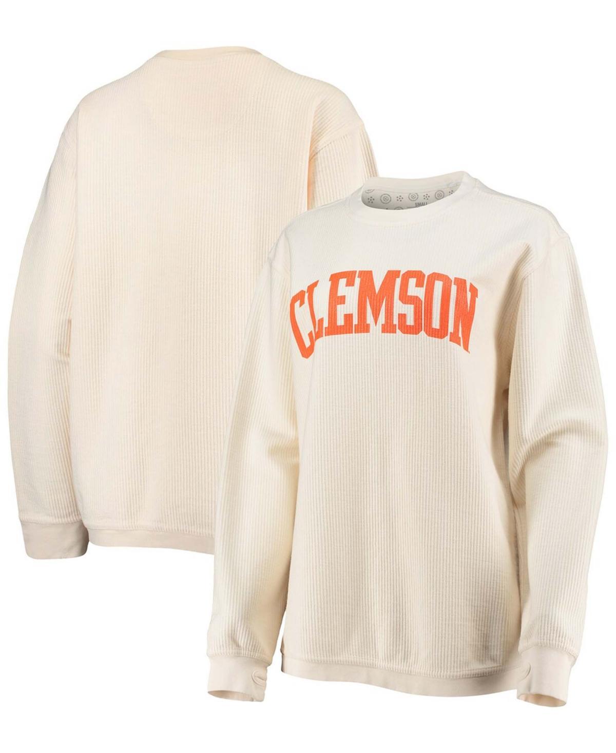 Womens Pressbox White Clemson Tigers Comfy Cord Vintage-Like Wash Basic Arch Pullover Sweatshirt Product Image