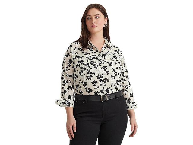 Lauren Ralph Lauren Plus-Size Classic Fit Leaf-Print Voile Shirt (Cream/Black) Women's Clothing Product Image