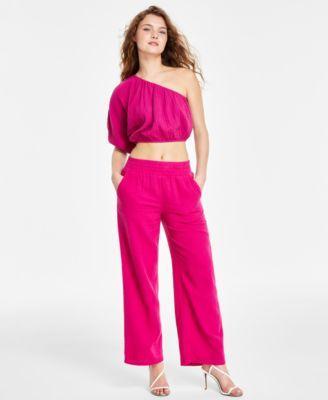 Dkny Jeans Womens One Shoulder Cropped Top High Rise Gauze Straight Leg Pants Product Image