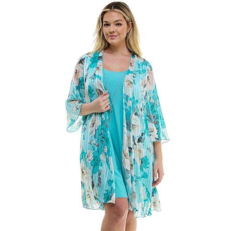 Plus Size Luxology 2-Piece 3/4 Bell Sleeve Cardigan & Drop Collar Dress Set, Womens Product Image