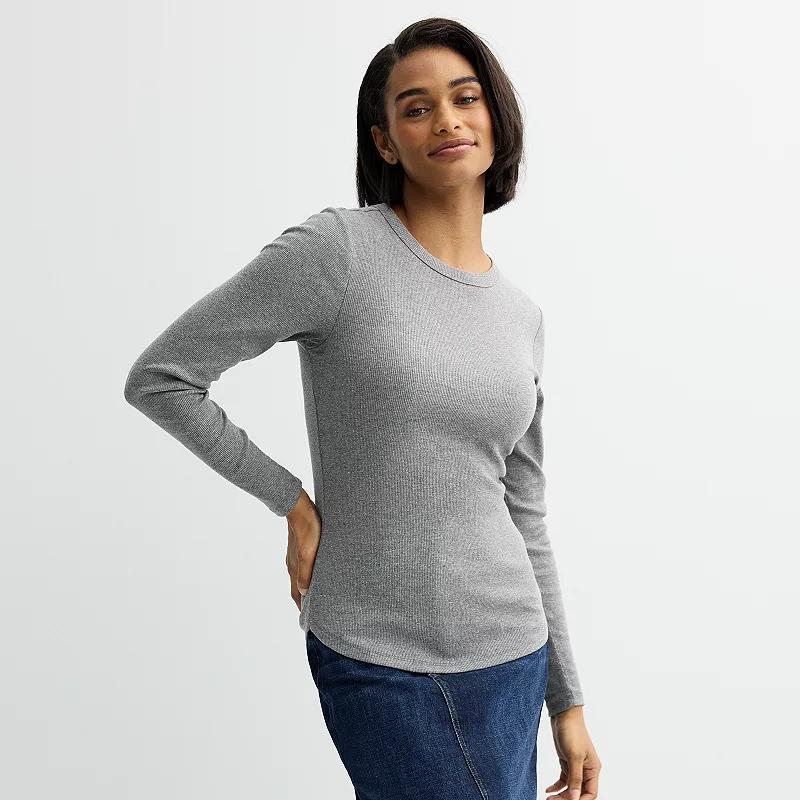 Womens Sonoma Goods For Life Rib Slim Fit Long Sleeve Tee Grey Product Image