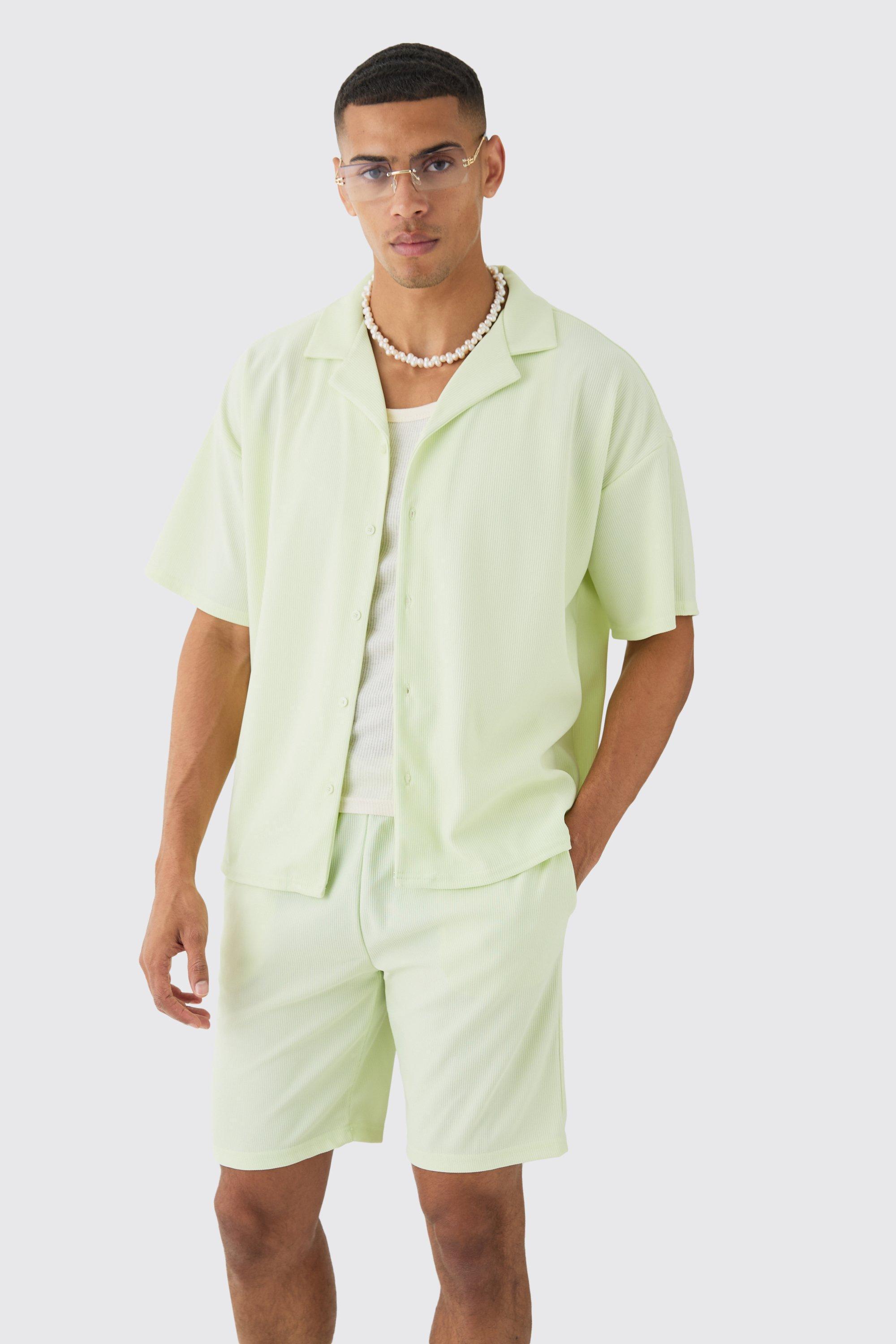 Short Sleeve Ribbed Boxy Shirt & Short Set | boohooMAN USA Product Image