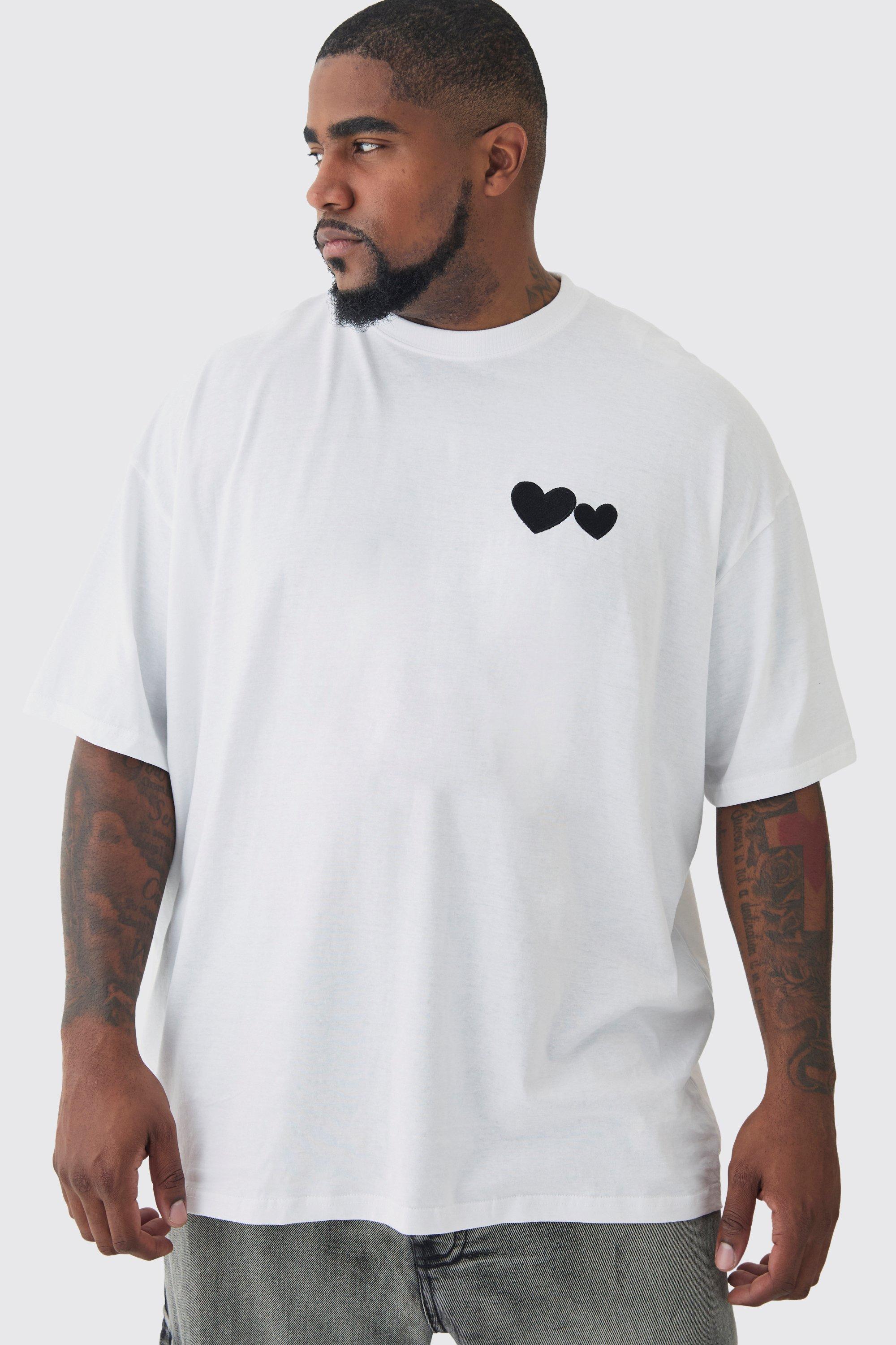 Plus Oversized Plus Black Heart Embroidered T-shirt In White | boohooMAN USA Product Image