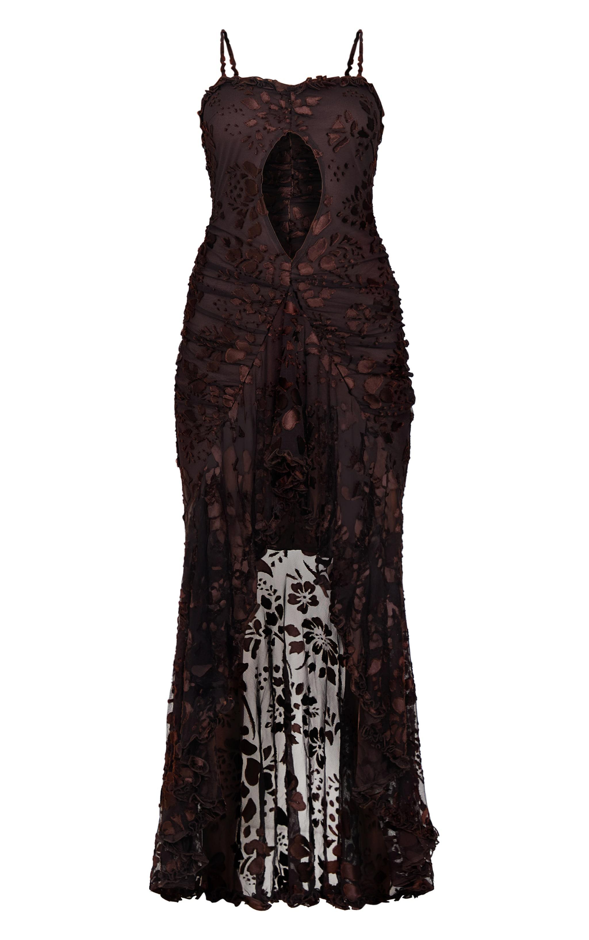 Brown Devore Cut Out Frill Detail Dress Product Image