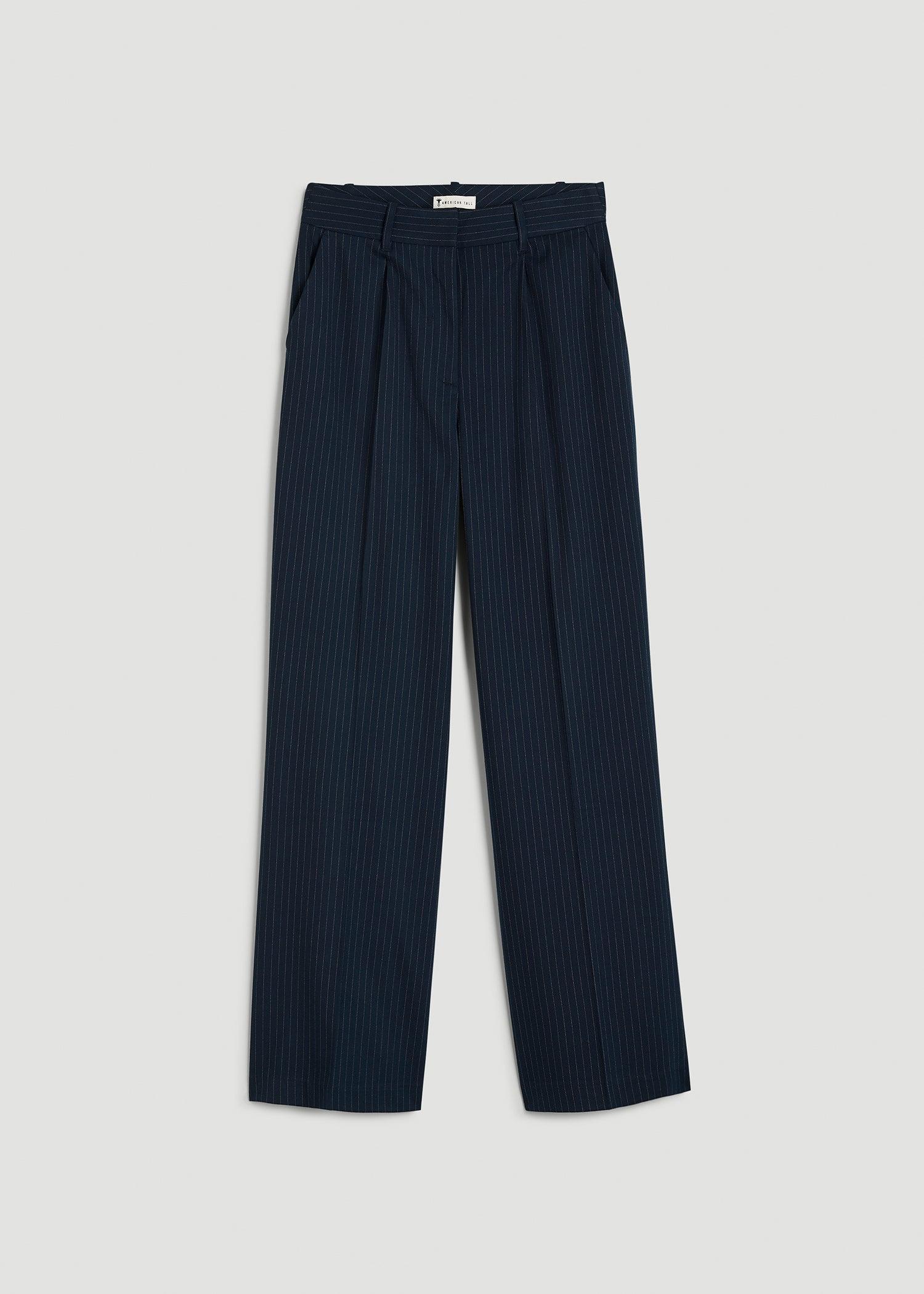 High-Rise Wide-Leg Pleated Dress Pants for Tall Women in Navy Pinstripe Female Product Image