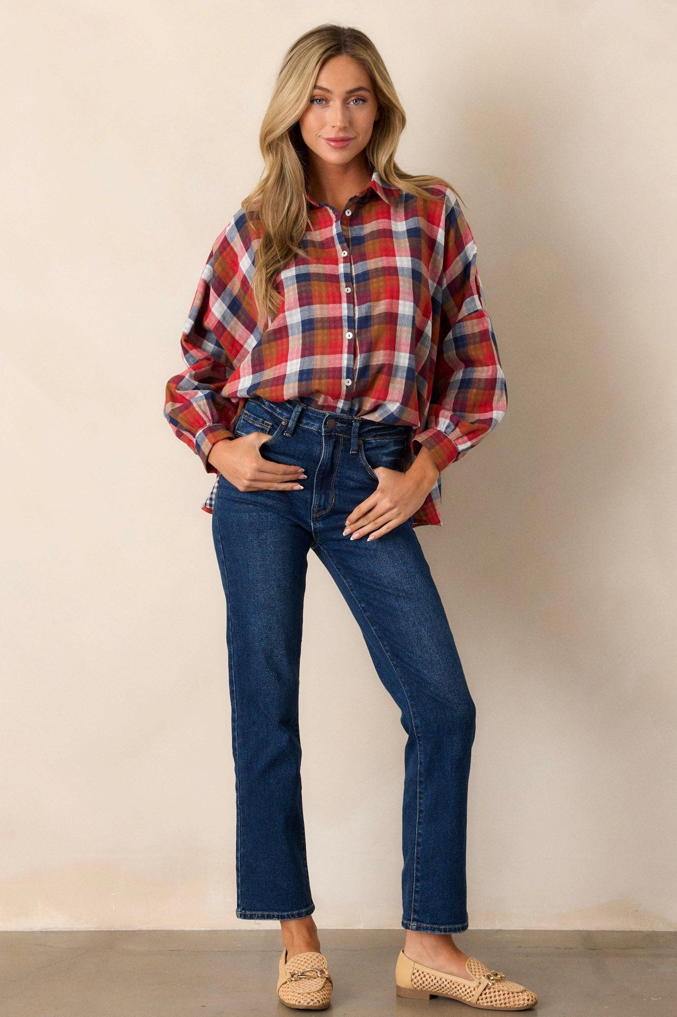 Doesn't Add Up Red Multi Plaid Top Product Image