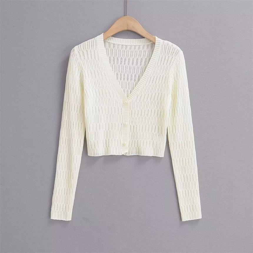 V-Neck Plain Shirred Faux Pearl Crop Button-Up Cardigan Product Image