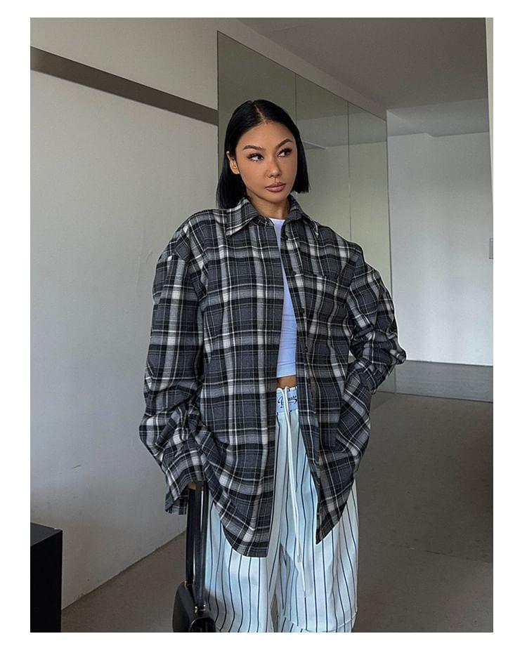 Long Sleeve Collared Plaid Oversized Shirt Product Image