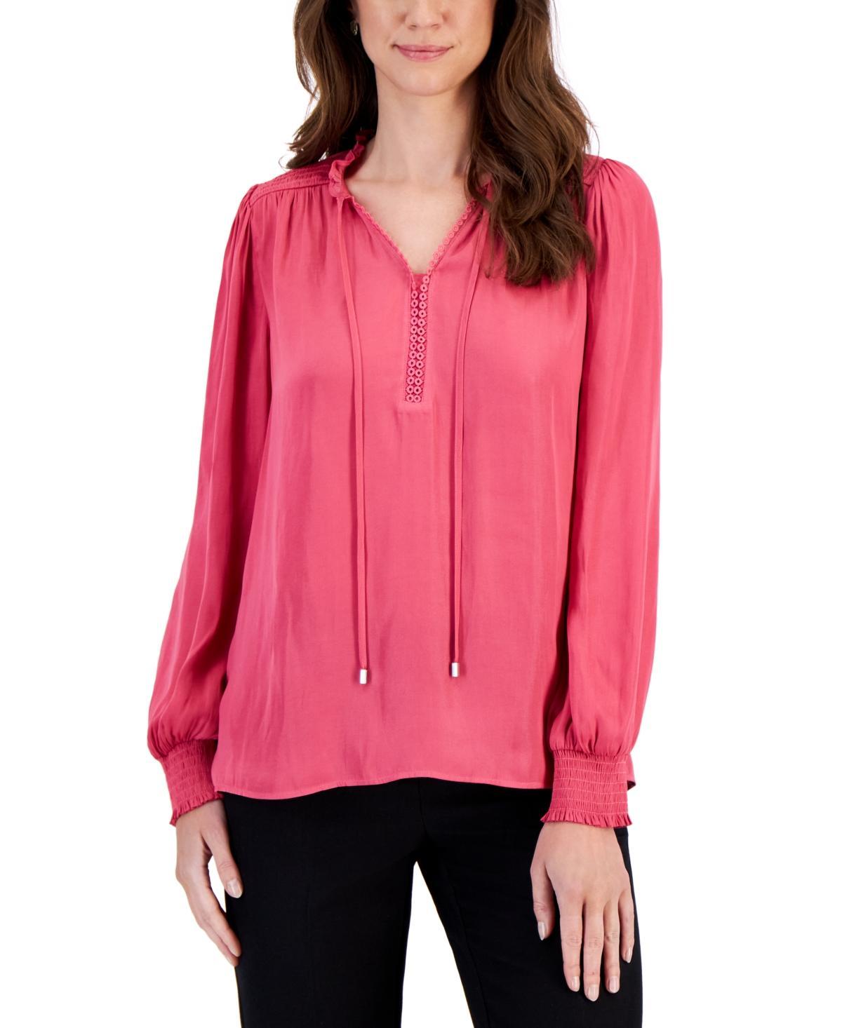 T Tahari Womens Split Tie-Neck Smocked-Trim Top Product Image