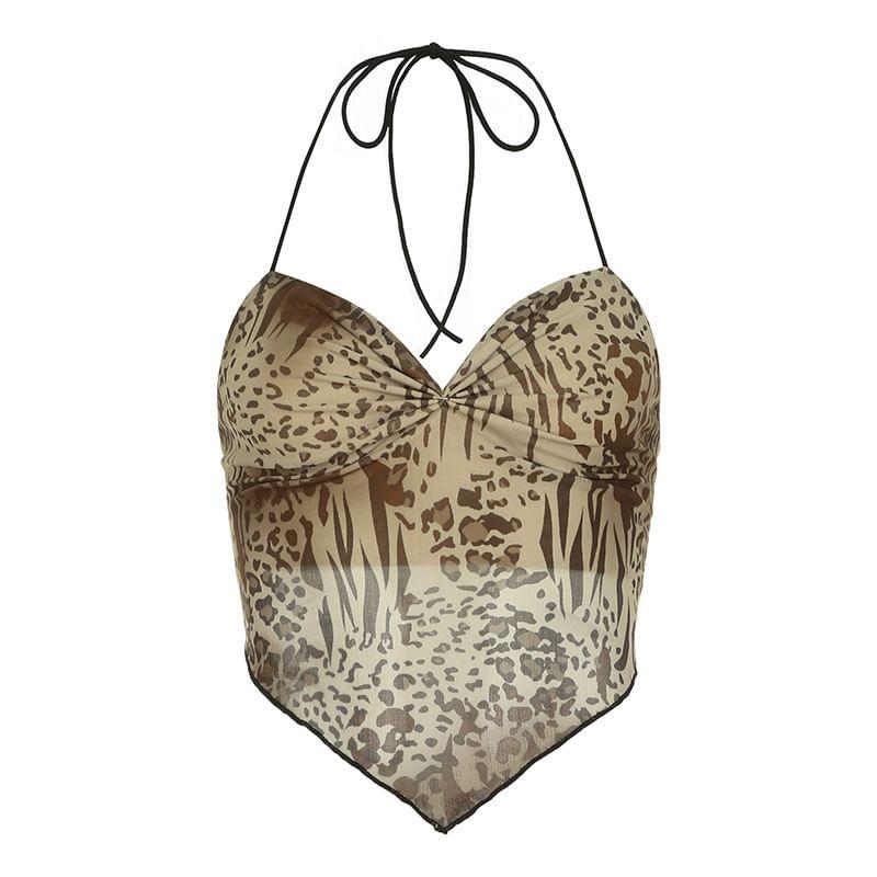 V-Neck Leopard Print Mesh See-Through Mesh Crop Camisole Top Product Image