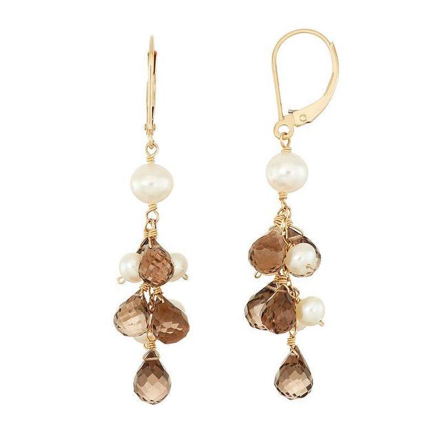 14k Gold Smoky Quartz Briolette & Freshwater Cultured Pearl Drop Earrings, Womens, Brown Product Image