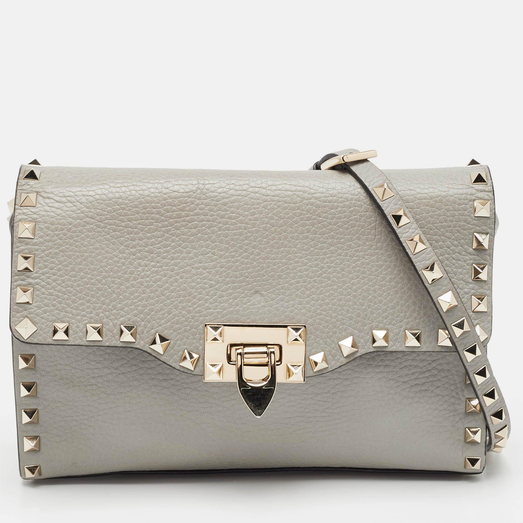 VALENTINO GARAVANI Grey Leather Rockstud Flap Crossbody Bag Product Image