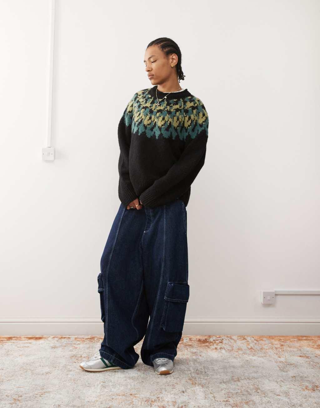 Weekday Momo wool blend oversized fairisle sweater in black Product Image