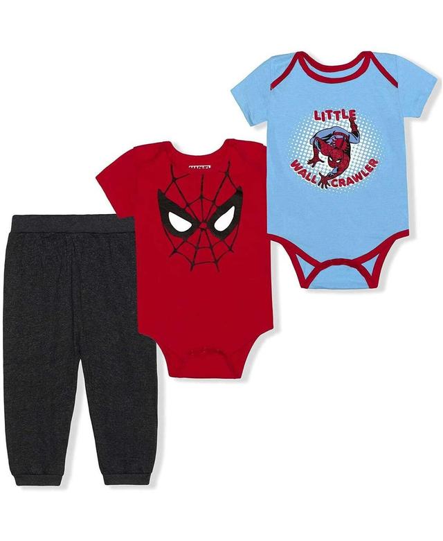 Baby Boys and Girls Red, Light Blue Spider-Man Little Wall Crawler 3-Piece Bodysuit and Jogger Pants Set - Red, Light Blue, Heather Bla Product Image