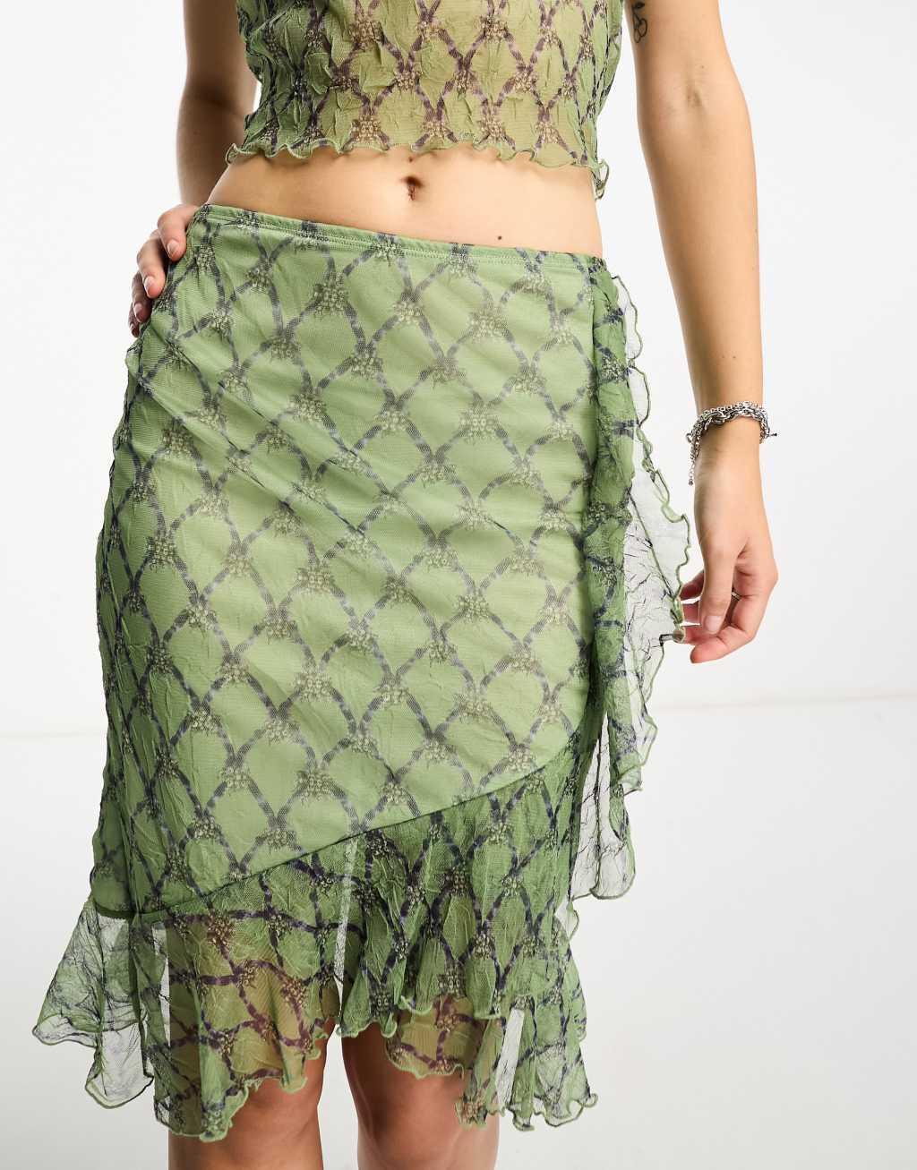 Reclaimed Vintage ruffle midi skirt in green check - part of a set  Product Image