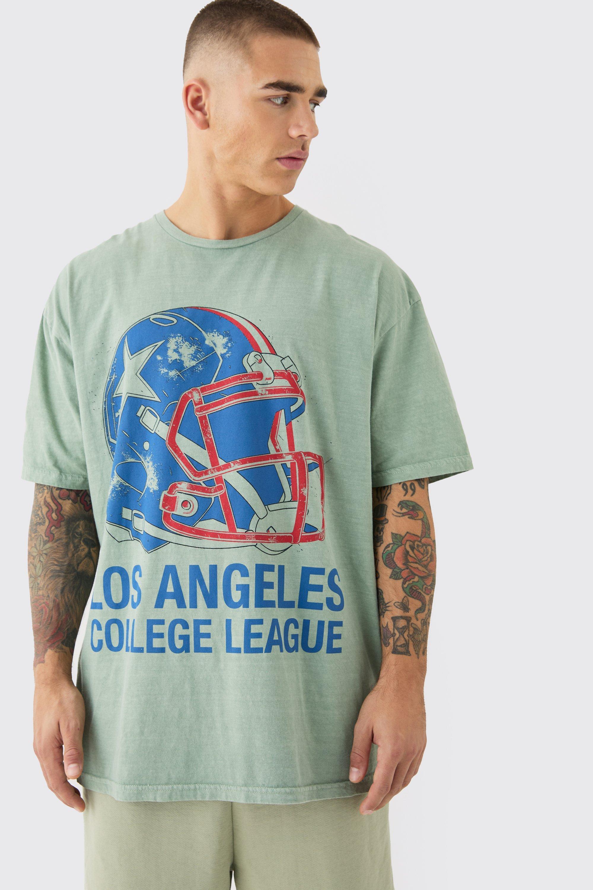 Mens Green Oversized Los Angeles Varsity Wash T-shirt, Green Product Image