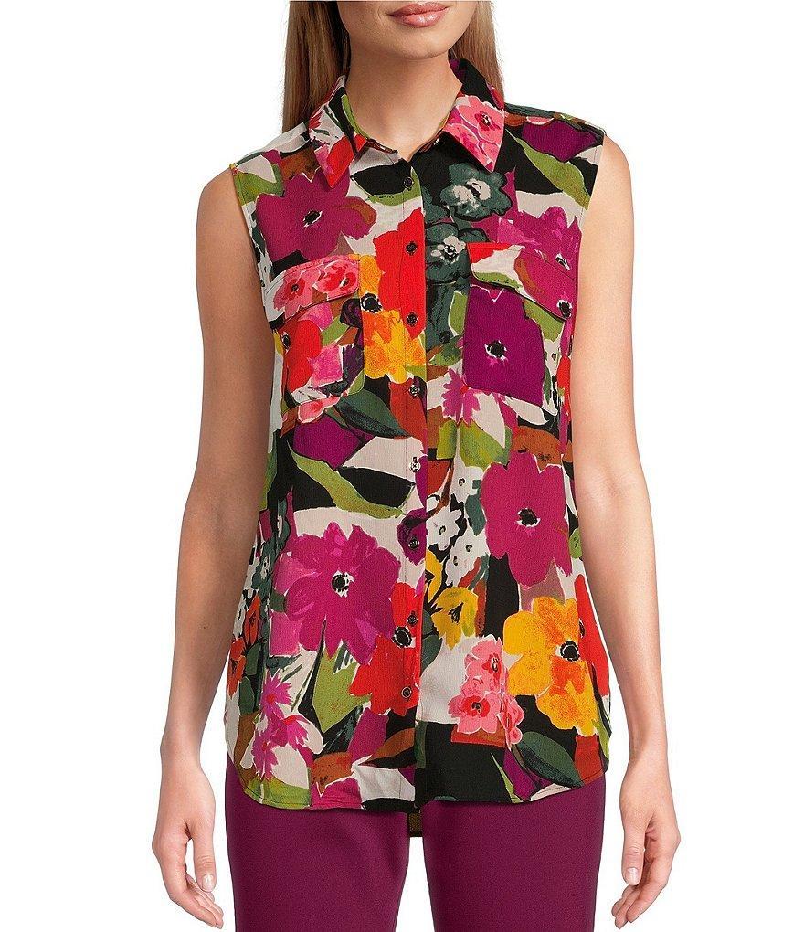 Investments Point Collar Sleeveless Floral Button Tie Front Top Product Image