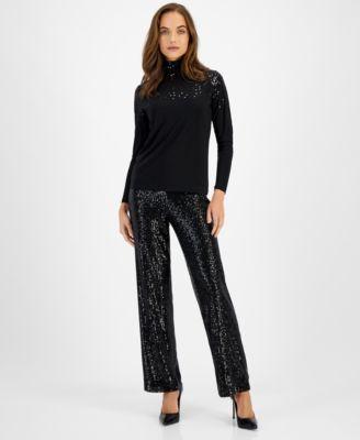 Anne Klein Womens Sequin Shoulder Turtleneck Top Sequin Pull On Pants Product Image