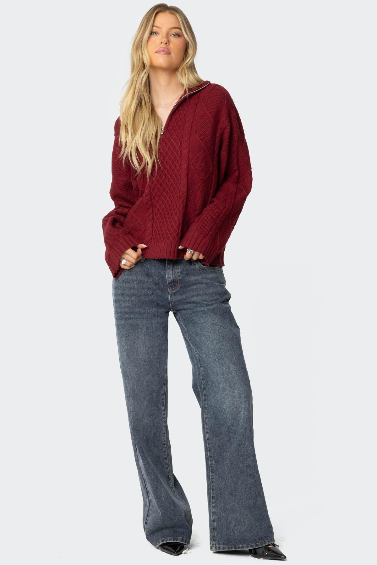 Oversized Quarter Zip Cable Knit Sweater Product Image