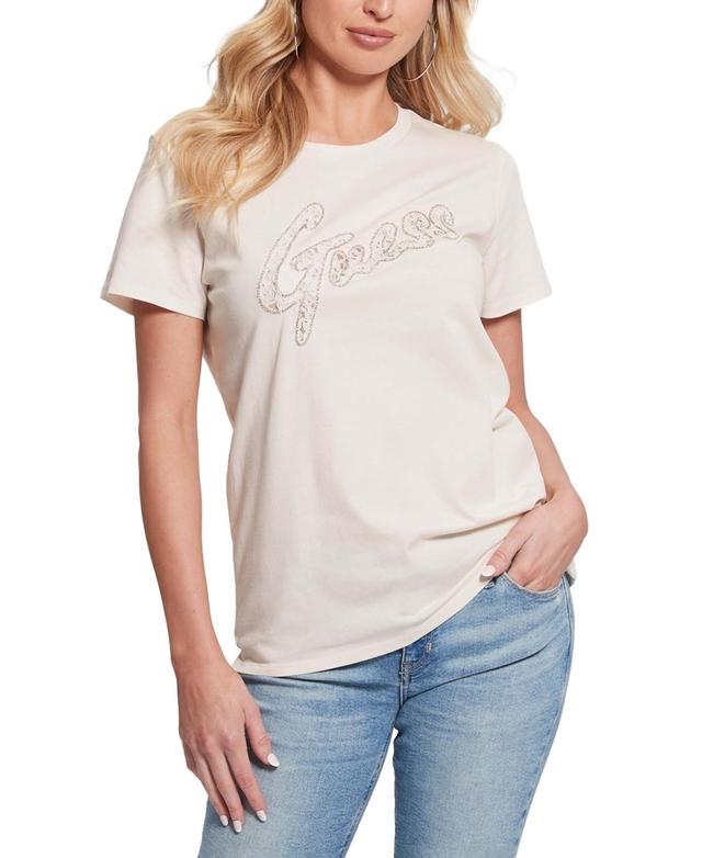 Guess Womens Cotton Lace-Logo Short-Sleeve Easy T-Shirt Product Image