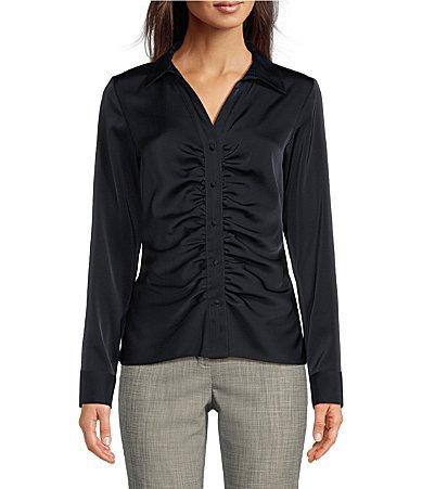 Calvin Klein Woven Satin Point Collar Long Sleeve Ruched Button Product Image