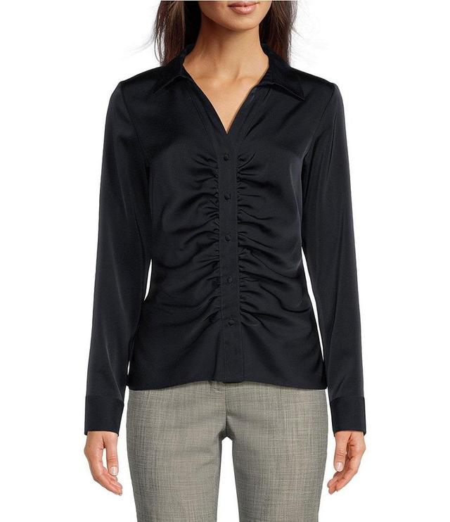 Calvin Klein Woven Satin Point Collar Long Sleeve Ruched Button-Front Top Product Image