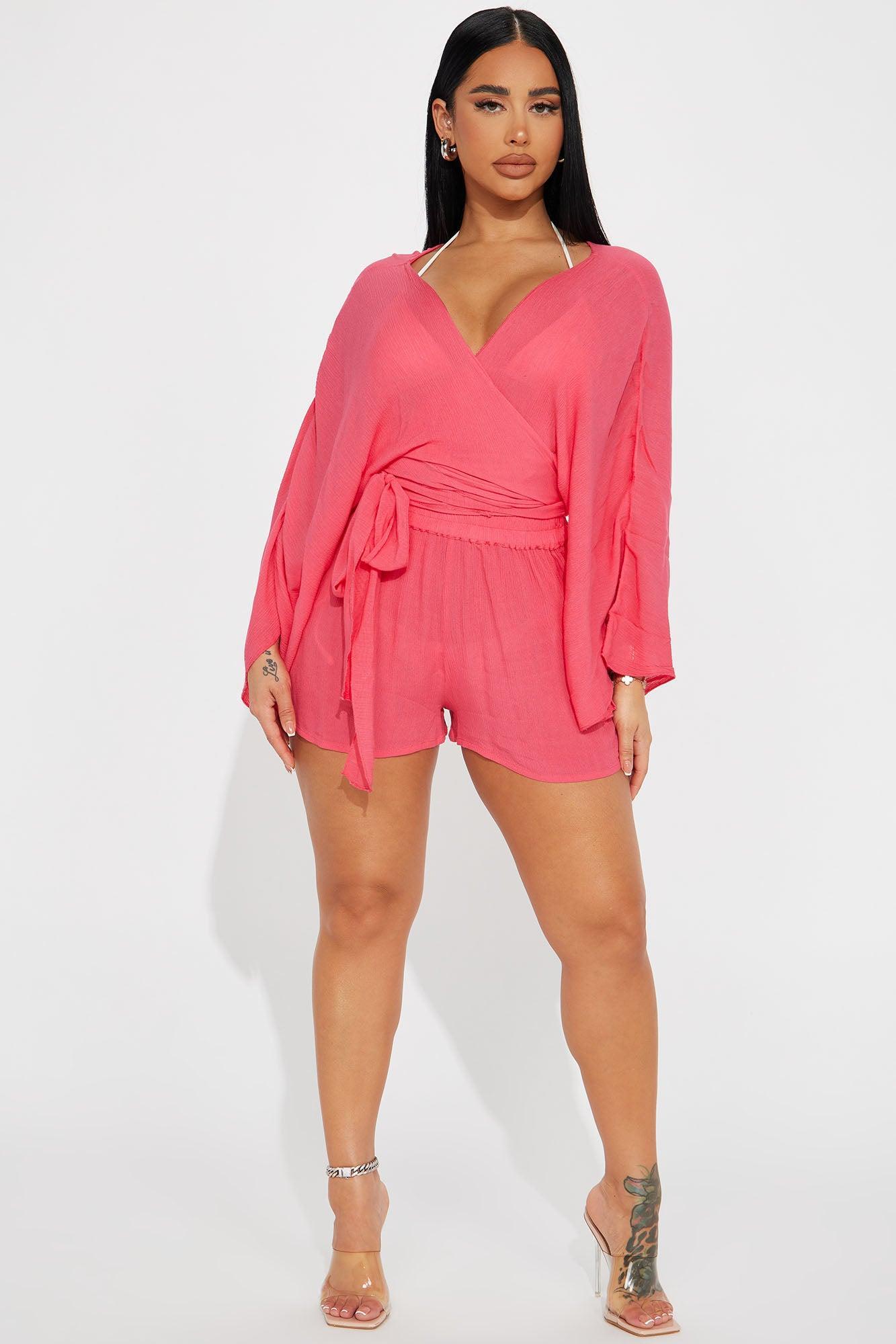 Breezy Nights Linen 2 Piece Cover Up - Hot Pink Product Image