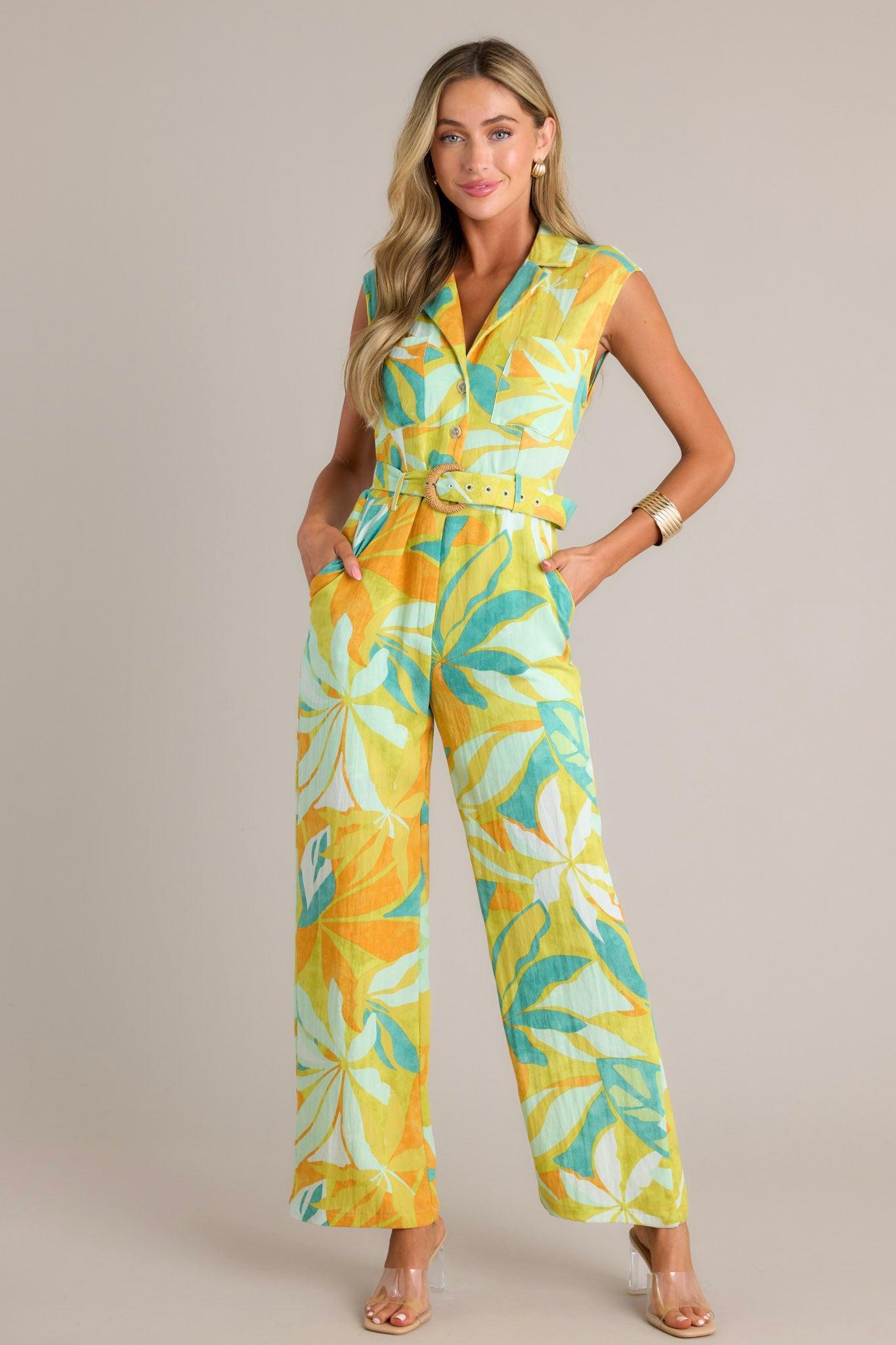 Sunset Glow Lime Green Tropical Print Belted Jumpsuit Product Image