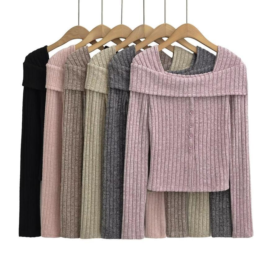 Long-Sleeve Square-Neck Melange Ribbed Knit Top Product Image