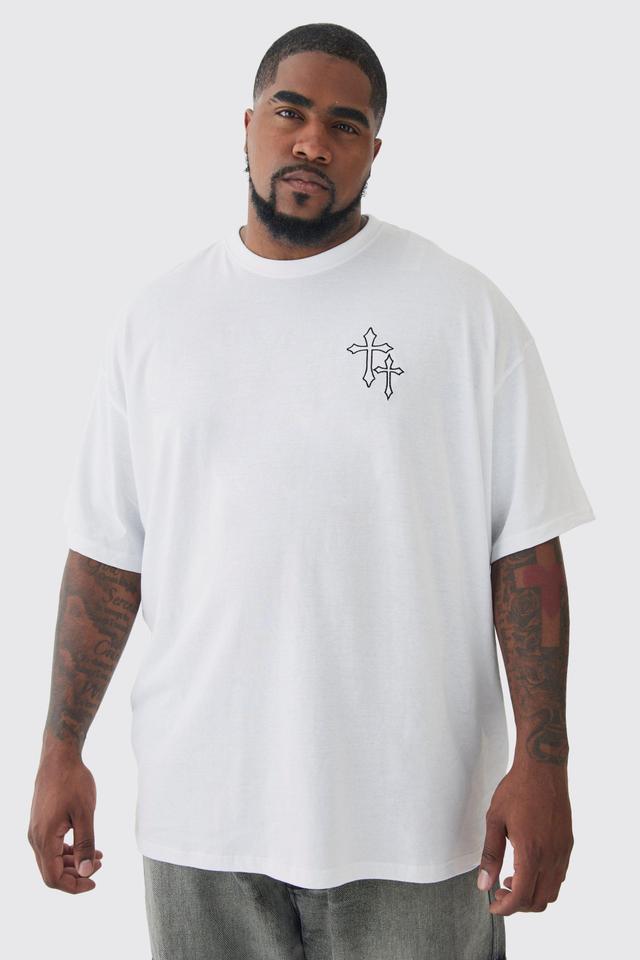 Plus Oversized Cross Embroidered T-shirt In White | boohooMAN USA Product Image