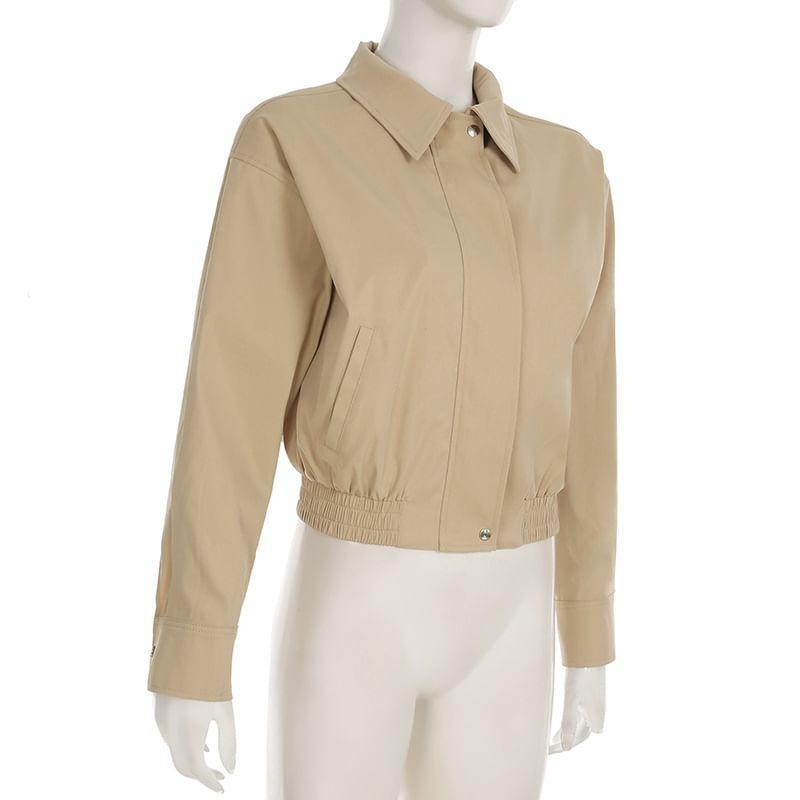 Collared Plain Zip Up Cropped Jacket Product Image