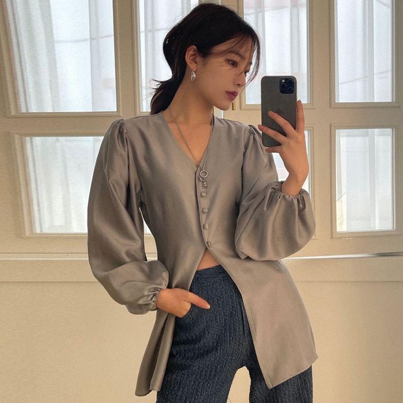 Long-Sleeve V-Neck Plain Button-Up Slit Blouse Product Image