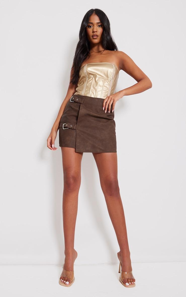 Tall Washed Brown Faux Leather Buckle Detail Mini Skirt Product Image