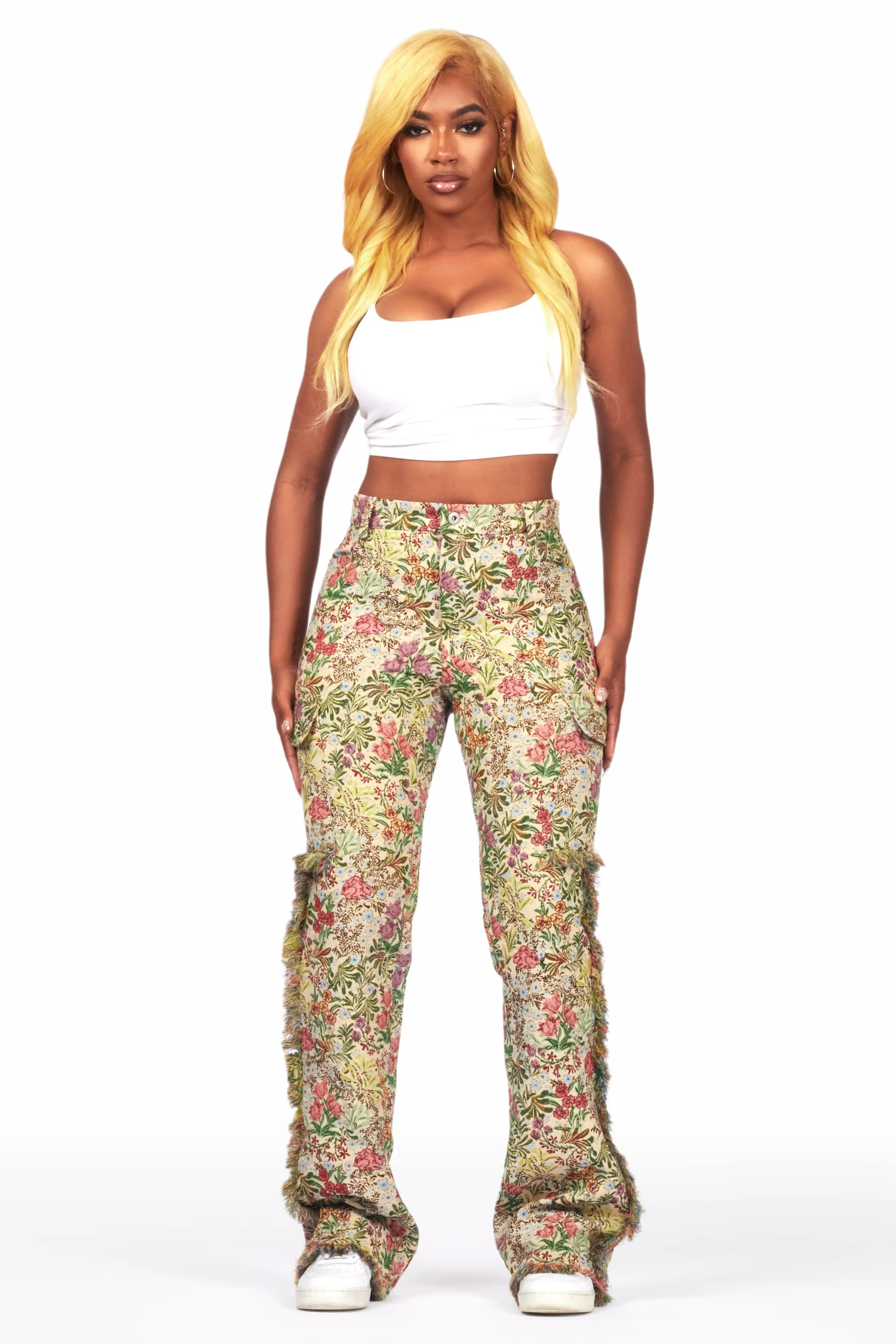 Tamia Beige Floral Tapestry Stacked Pant Female Product Image