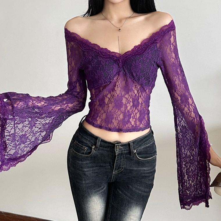 Flare-Sleeve V-Neck Lace Crop Top Product Image