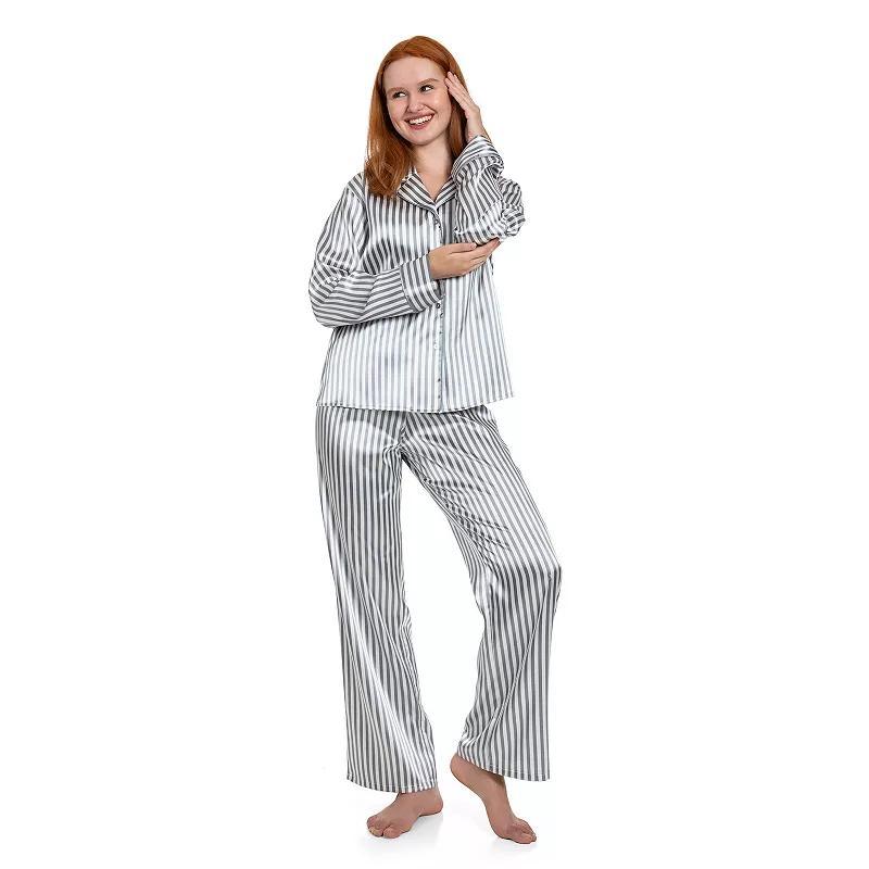 Womens Lilac+London Notch Collar Satin Pajama Top & Pajama Bottom Set Ivory Grey Product Image