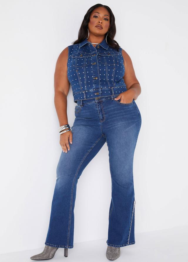 Plus Size Crystal Embellished Flared Jeans Ashley Stewart Product Image