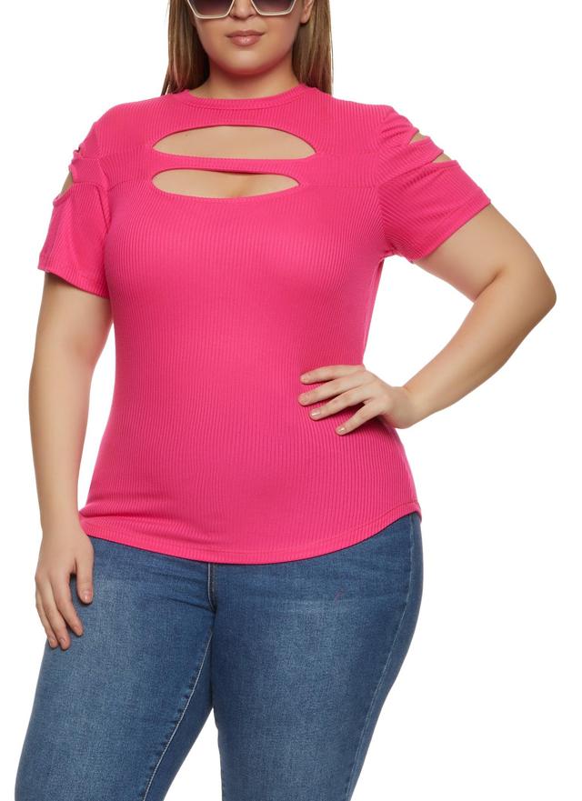 Womens Plus Size Ribbed Knit Cut Out Top Product Image