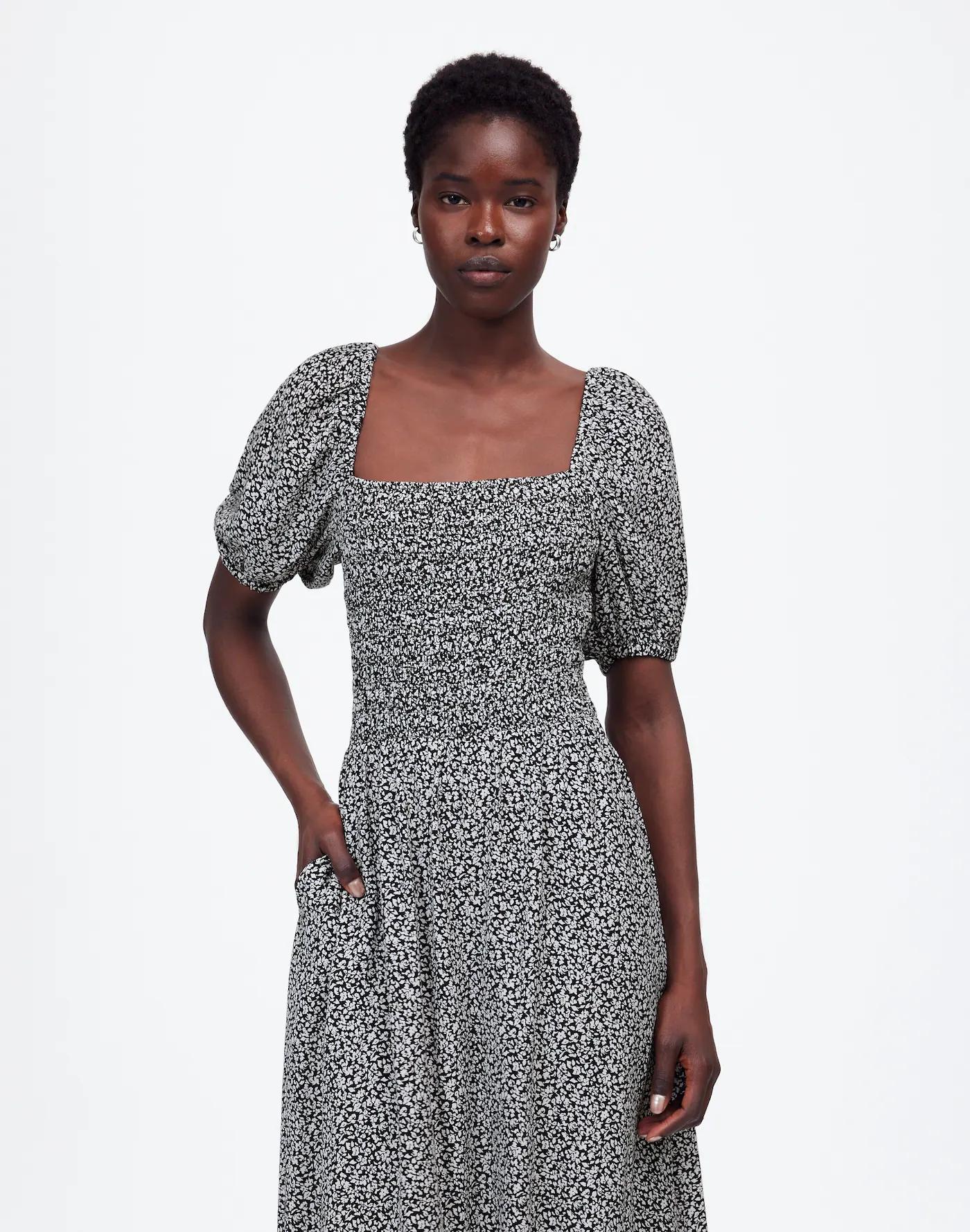 Smocked Puff-Sleeve Midi Dress in Floral Product Image